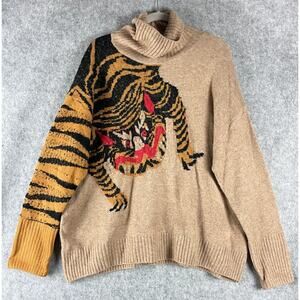 H&M Tiger Sweater Womens Medium Knit Turtleneck Wool Blend Oversized Cozy NEW